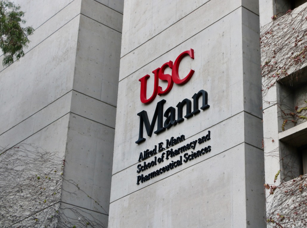 The outside of the Mann School of Pharmacy and Pharmaceutical Sciences building at Health Sciences Campus.