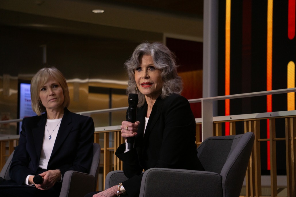 Jane Fonda speaking at a discussion led by Annenberg Dean Willow Bay in April 2024.