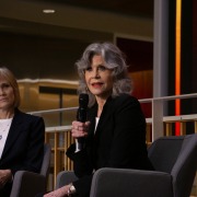 Jane Fonda speaking at a discussion led by Annenberg Dean Willow Bay in April 2024.