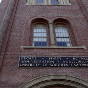 The front of Bovard Auditorium zoomed in.