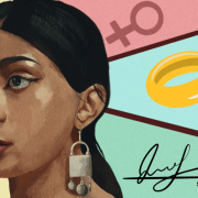 Woman locked to societies patriarchal limitations of marriage, gender, last names, and makeup
