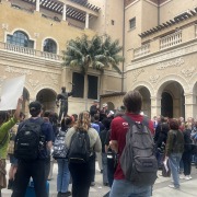 Members of the Adjunct Faculty Alliance-United Auto Workers rallied at the School of Cinematic Arts courtyard on April 16.