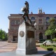 Tommy Trojan standing tall in Hahn Plaza at University Park Campus.