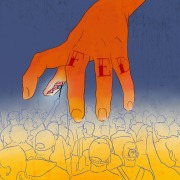 Art of a large hand reaching into a crowd of people