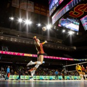 Freshman opposite hitter Abigail Mullen serves in a home match against UC Berkeley.