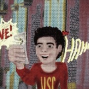 Art of a student using their phone to record and laughing.