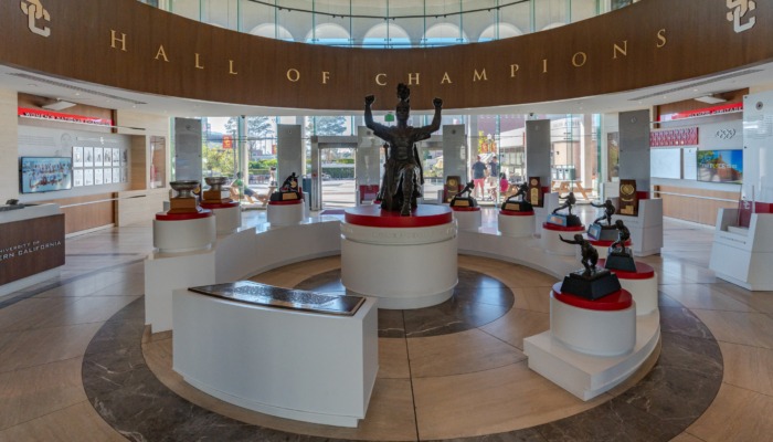 Trophies and accolades stand in Heritage Hall at the University of Southern California. (Bryce Dechert / Daily Trojan)