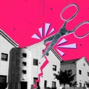Graphic depicting scissors cutting houses