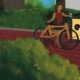Illustration of a USC student walking their bike to throw out their trash in the correct waste bin on campus.