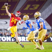 Redshirt junior quarterback Jayden Maiava throws a pass against UCLA.