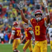 Junior wide receiver Ja'Kobi Lane celebrates during a game against Iowa.
