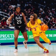 Senior guard Londynn Jones fends off a South Carolina defender