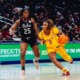 Senior guard Londynn Jones fends off a South Carolina defender