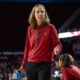 USC women's basketball Head Coach pictured during a 2023 game.
