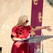 Athletic Director Jennifer Cohen speaking in 2024.