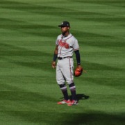 Atlanta Braves outfielder Ronald Acuña Jr. stands in the outfield.