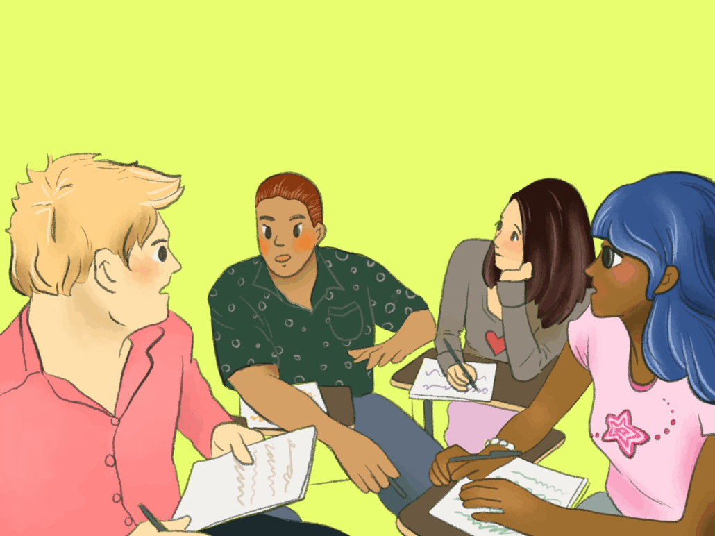 Students gather and discuss opinions freely.