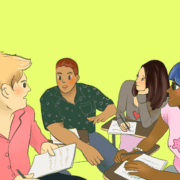 Students gather and discuss opinions freely.