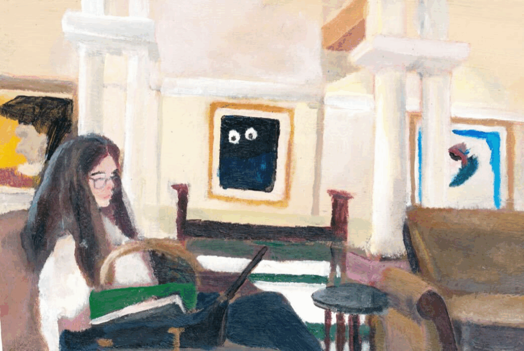 Brushwork-style artwork depicting a young woman reading,