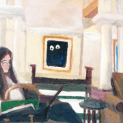 Brushwork-style artwork depicting a young woman reading,