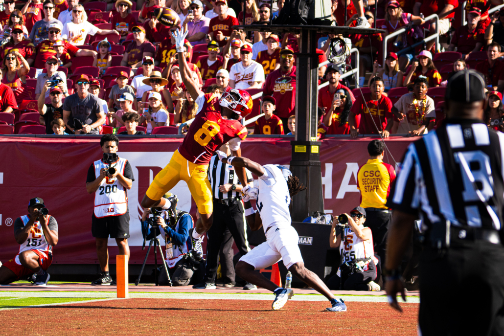 Junior wide receiver Ja'Kobi Lane makes a one-handed catch.