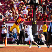 Junior wide receiver Ja'Kobi Lane makes a one-handed catch.