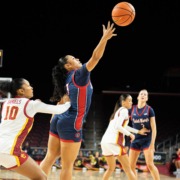 Malia Samuels plays defense against Saint Mary's.