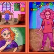 cartoon about girl drinking paint and turning colorful