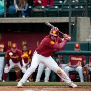 Lars Nootbaar bats in a game for USC