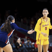 Freshman guard Jazzy Davidson looks for a shot in a game against Pepperdine