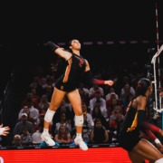 Redshirt sophomore outside hitter Londyn Wijay goes for a kill.