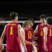 USC men's volleyball huddles during a game