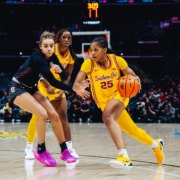 Senior guard Kara Dunn drives to the basket