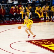 Freshman guard Jazzy Davidson dribbles down the court