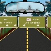 Art depicting highway in Los Angeles with DC in the rearview mirror