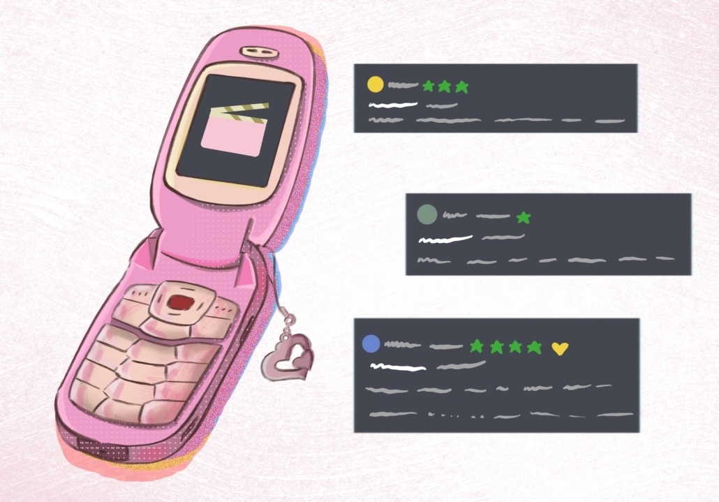 Art showing flip phone reacting to letterboxd reviews