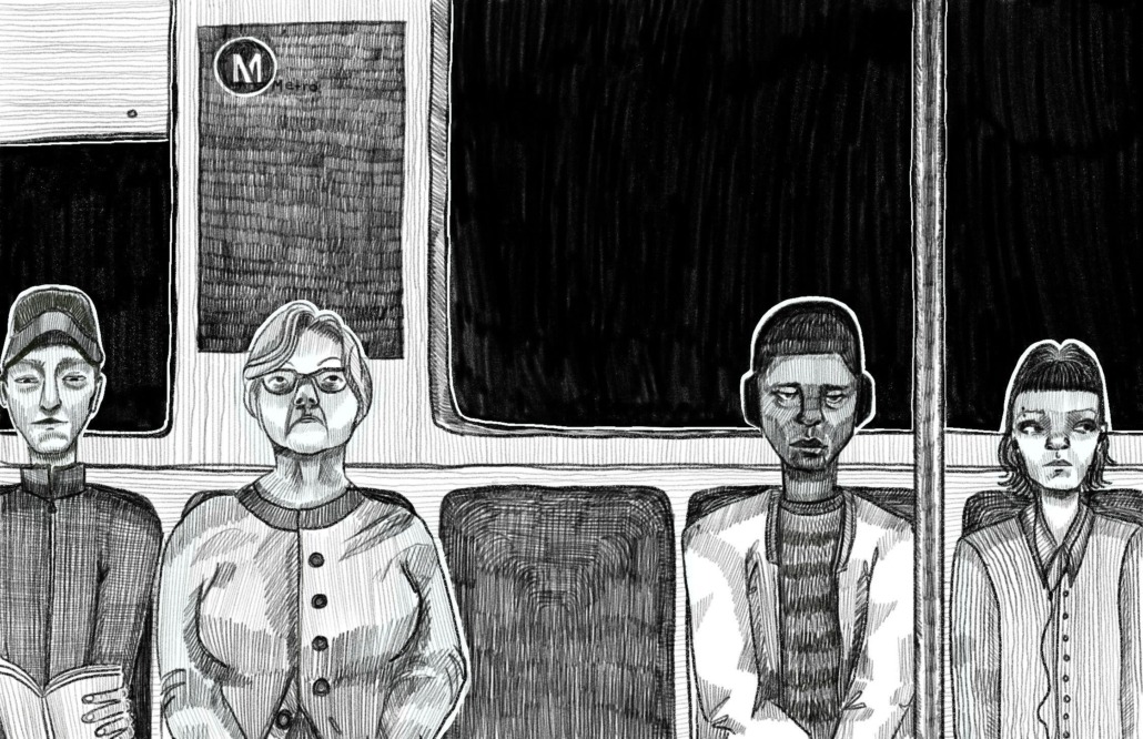 Art of passengers riding a public train