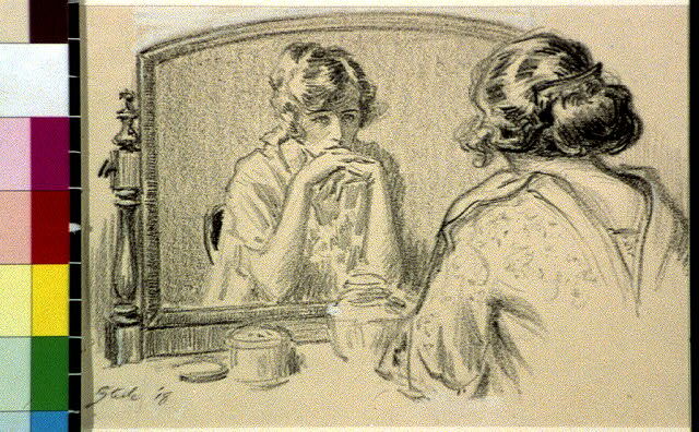 art of woman looking at herself in the mirror