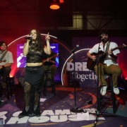 Sofia Gomez performs with fellow USC Thornton School of Music students on stage at the Grammy U Soundstage festival.
