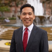 Being-Soo Kim standing in Hahn Plaza.