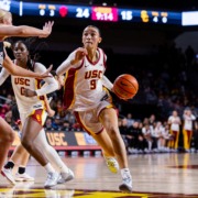 Freshman guard Jazzy Davidson drives to the basket