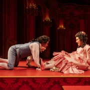 Actors Sam Clemmett and Lauren Worsham as Mozart and his wife in the play "Amadeus" at Pasadena Playhouse.
