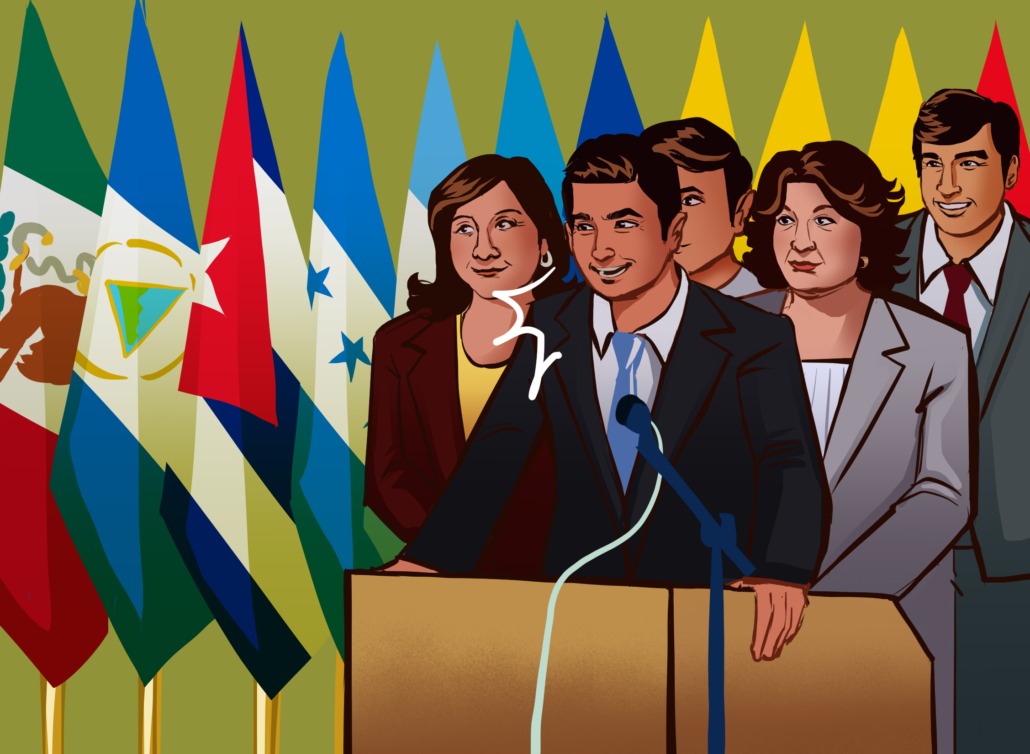 A drawing of a group of Latine politicians standing behind a podium in front of flags of Latin American countries.