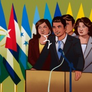 A drawing of a group of Latine politicians standing behind a podium in front of flags of Latin American countries.