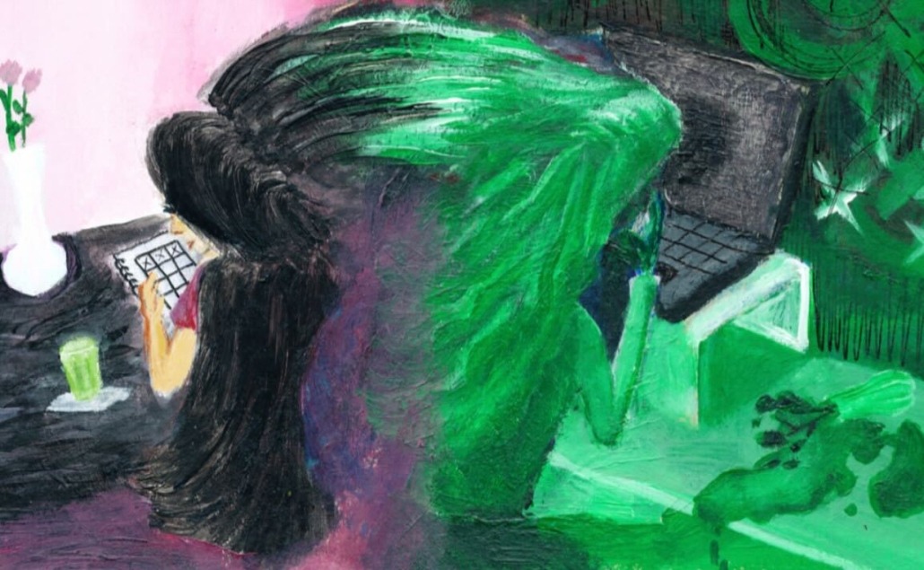Distorted figure sits at computer screen
