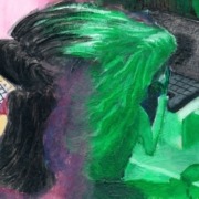 Distorted figure sits at computer screen