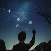 Boy points to star constellations with girl beside him