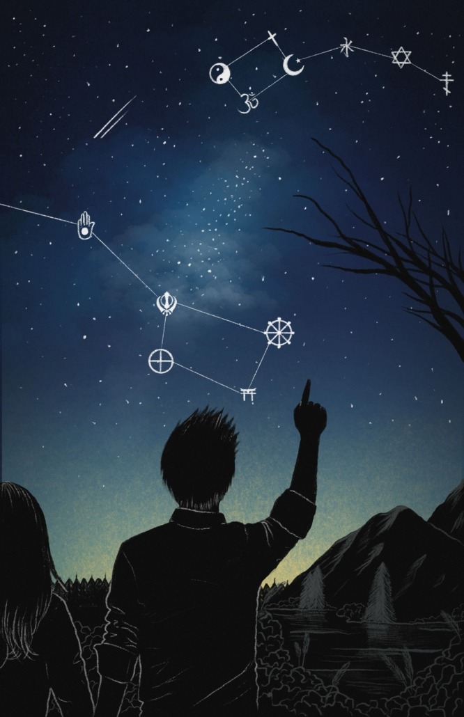 Boy points to star constellations with girl beside him