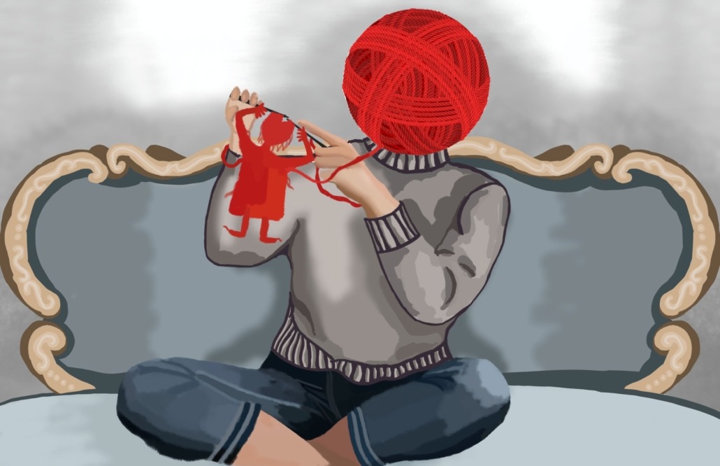 Image of person whose head is made of yard. The figure is knitting a doll using the yarn from their head.