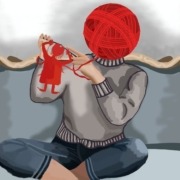 Image of person whose head is made of yard. The figure is knitting a doll using the yarn from their head.